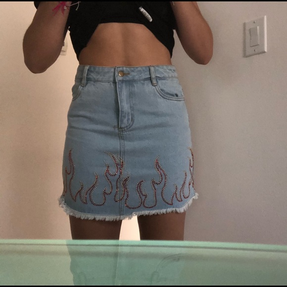 Honey Punch Dresses & Skirts - jean skirt with rhinestone fire outline